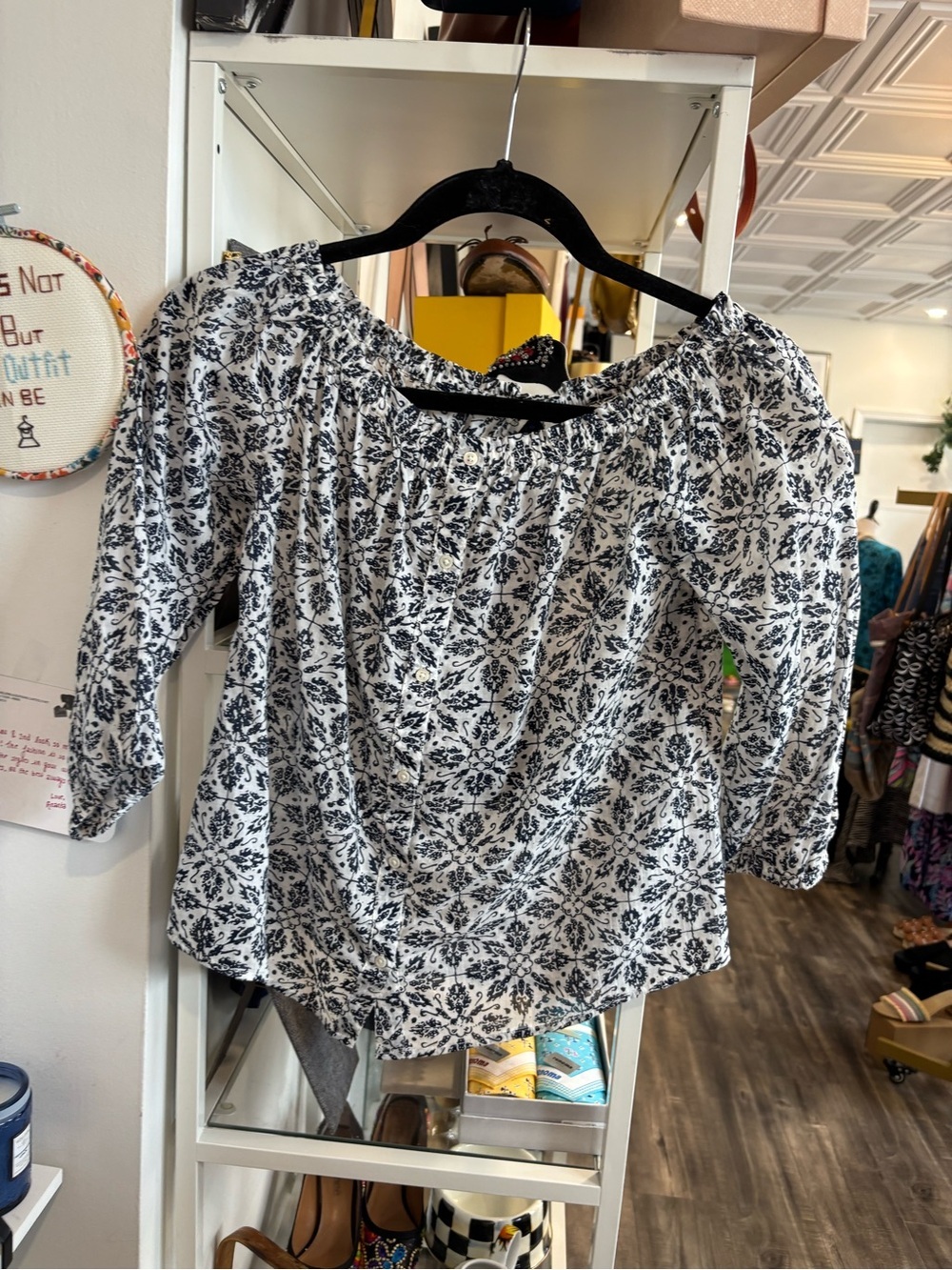 PAIGE navy & White Floral Off-Shoulder Blouse